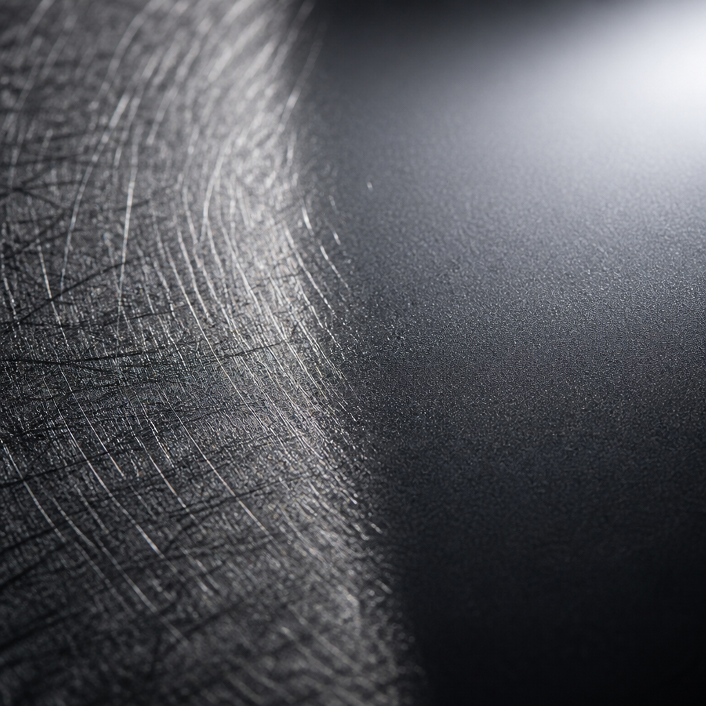 Close-up macro view of automotive paint correction process