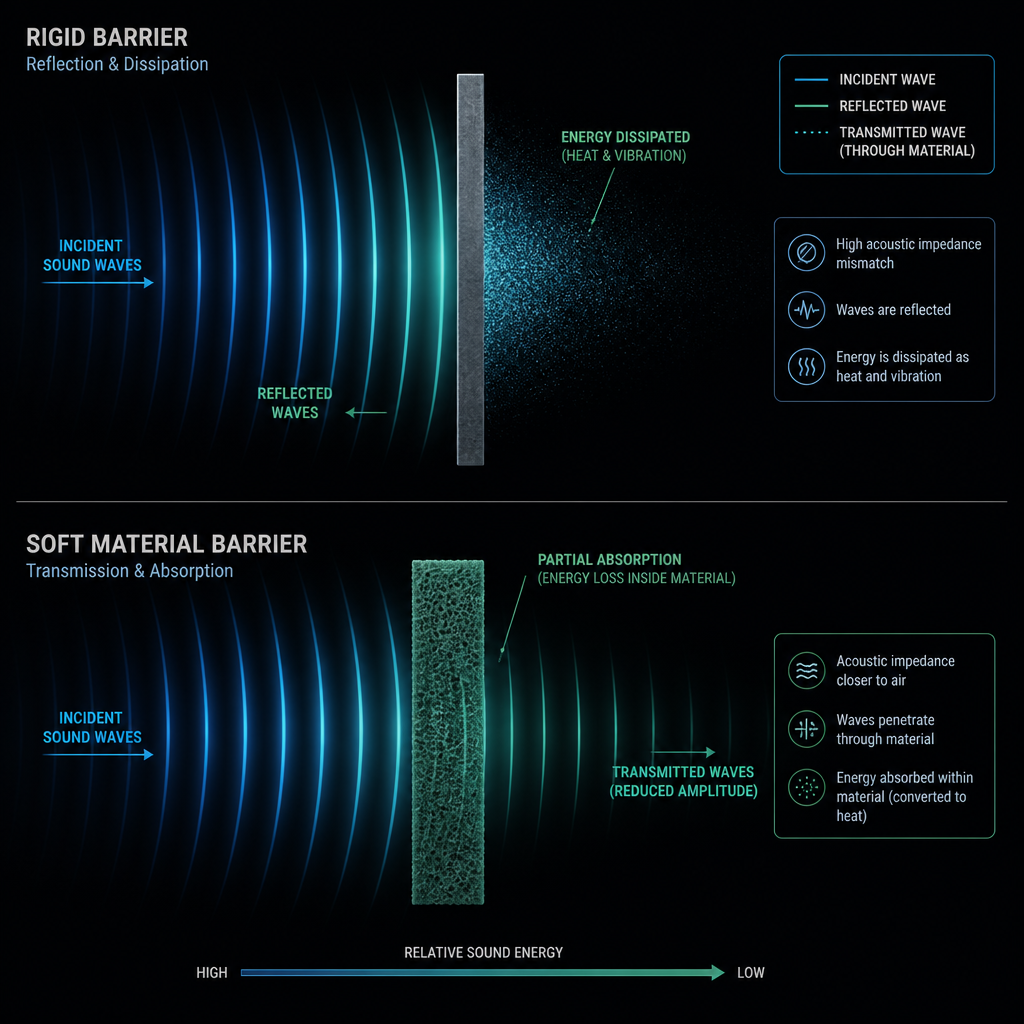 Abstract visualization comparing sound wave reflection between rigid and soft materials