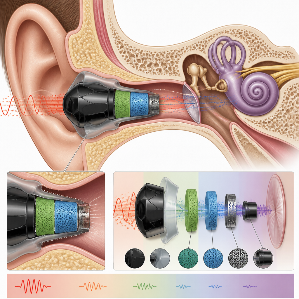 Technical cross-section illustration of earplug anatomy showing acoustic seal and material layers