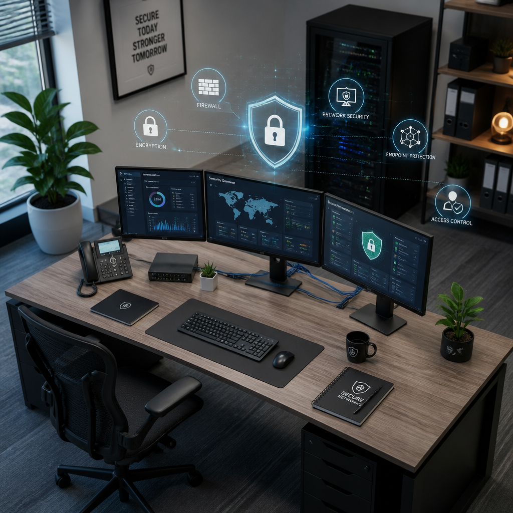 Modern office workspace with security icons and monitoring dashboards on screens