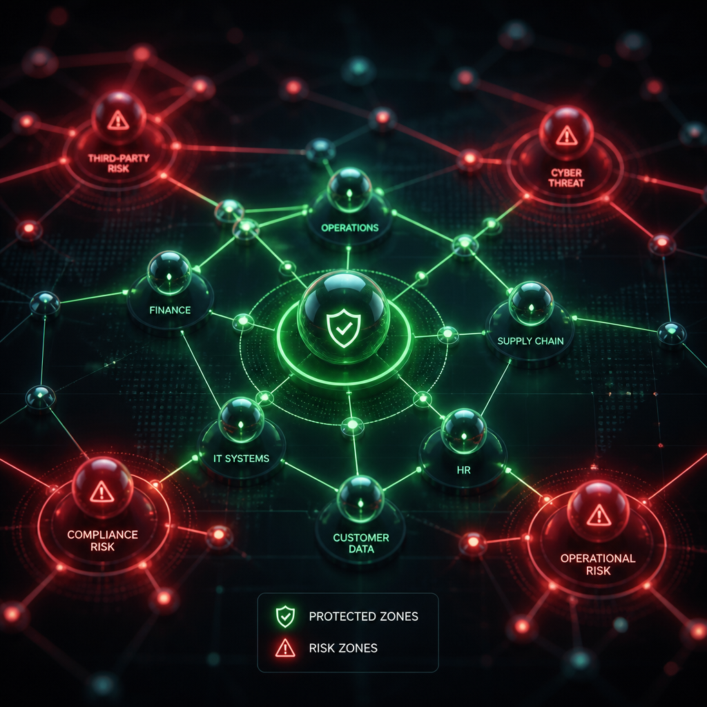Abstract network visualization showing protected and risk areas in connected systems