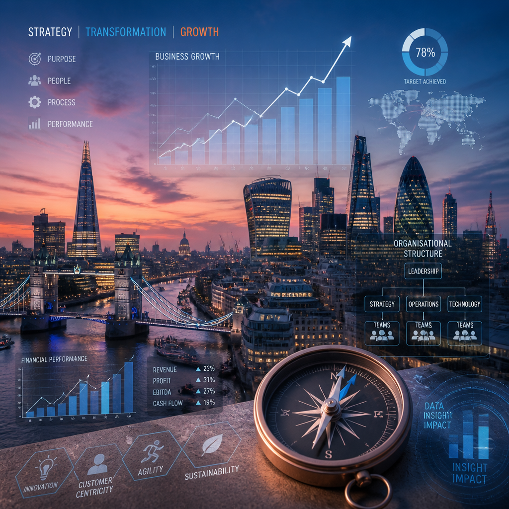 London cityscape blended with business growth charts and strategic planning elements