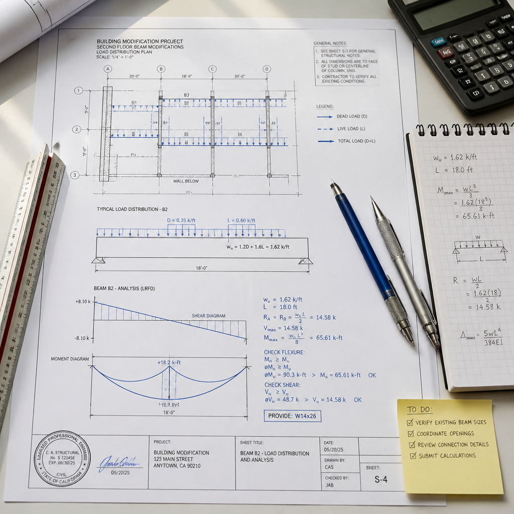 Plan technique de structure avec outils d'ingénierie et calculs de charge