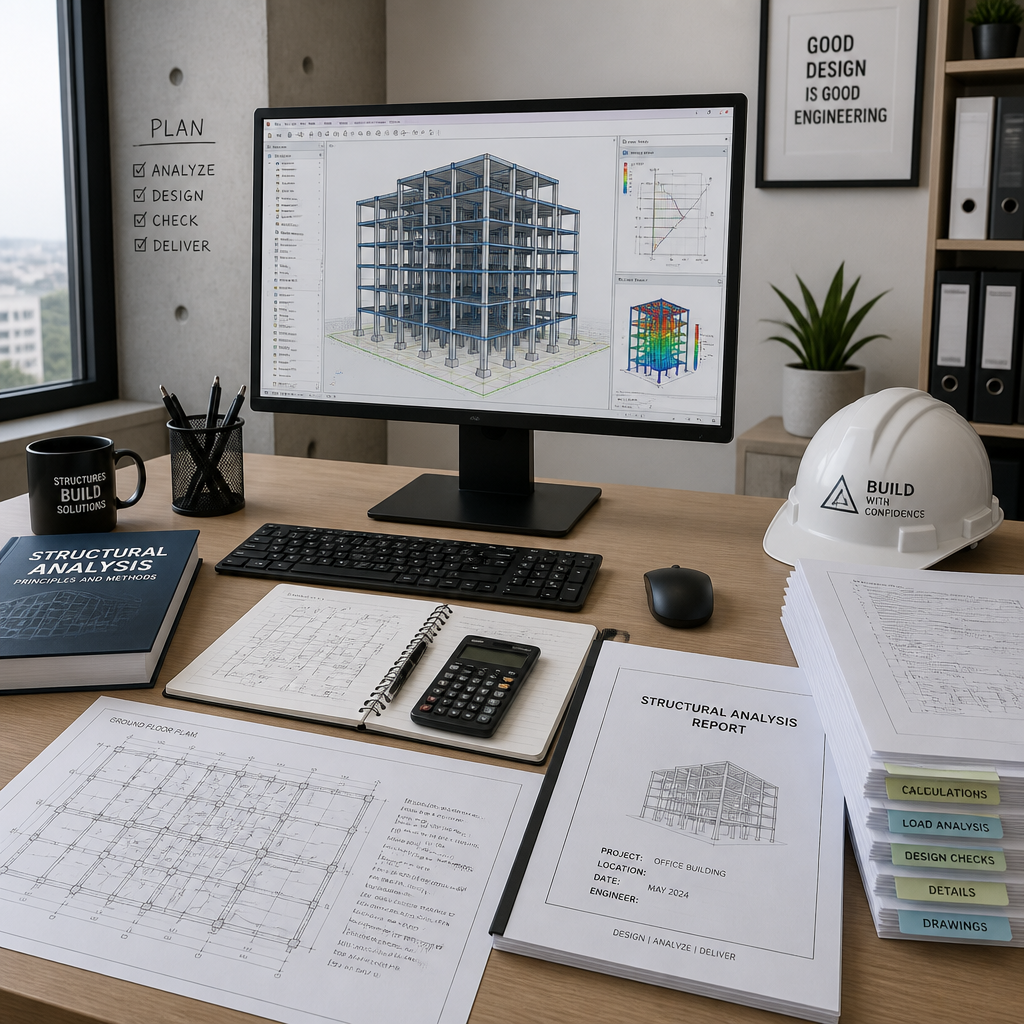 Espace de travail d'ingénieur structure avec analyse technique 3D et documentation de projet