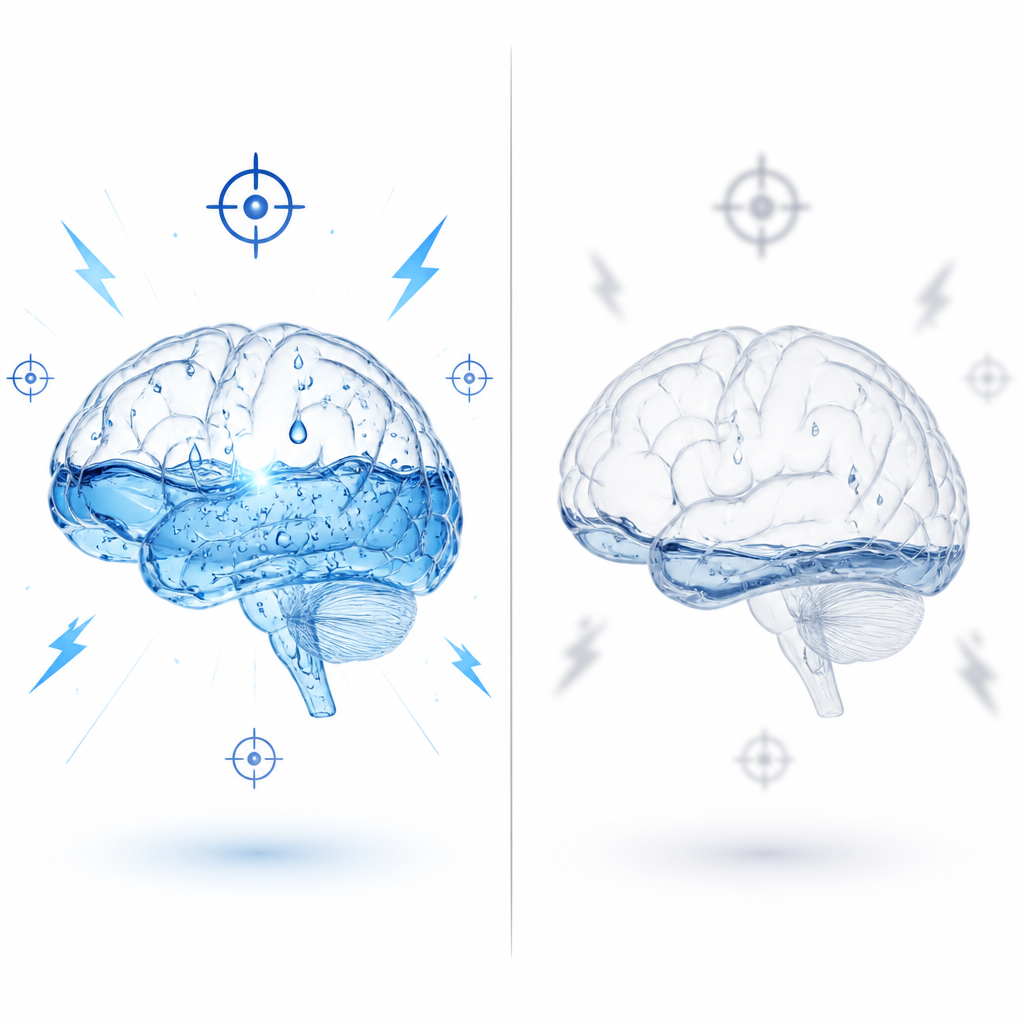 Split illustration showing a hydrated brain with mental clarity versus a dehydrated brain with reduced focus