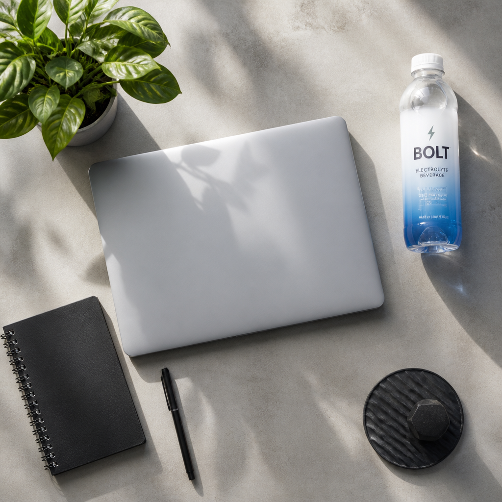 Overhead desk scene featuring a water bottle with electrolyte solution and work materials