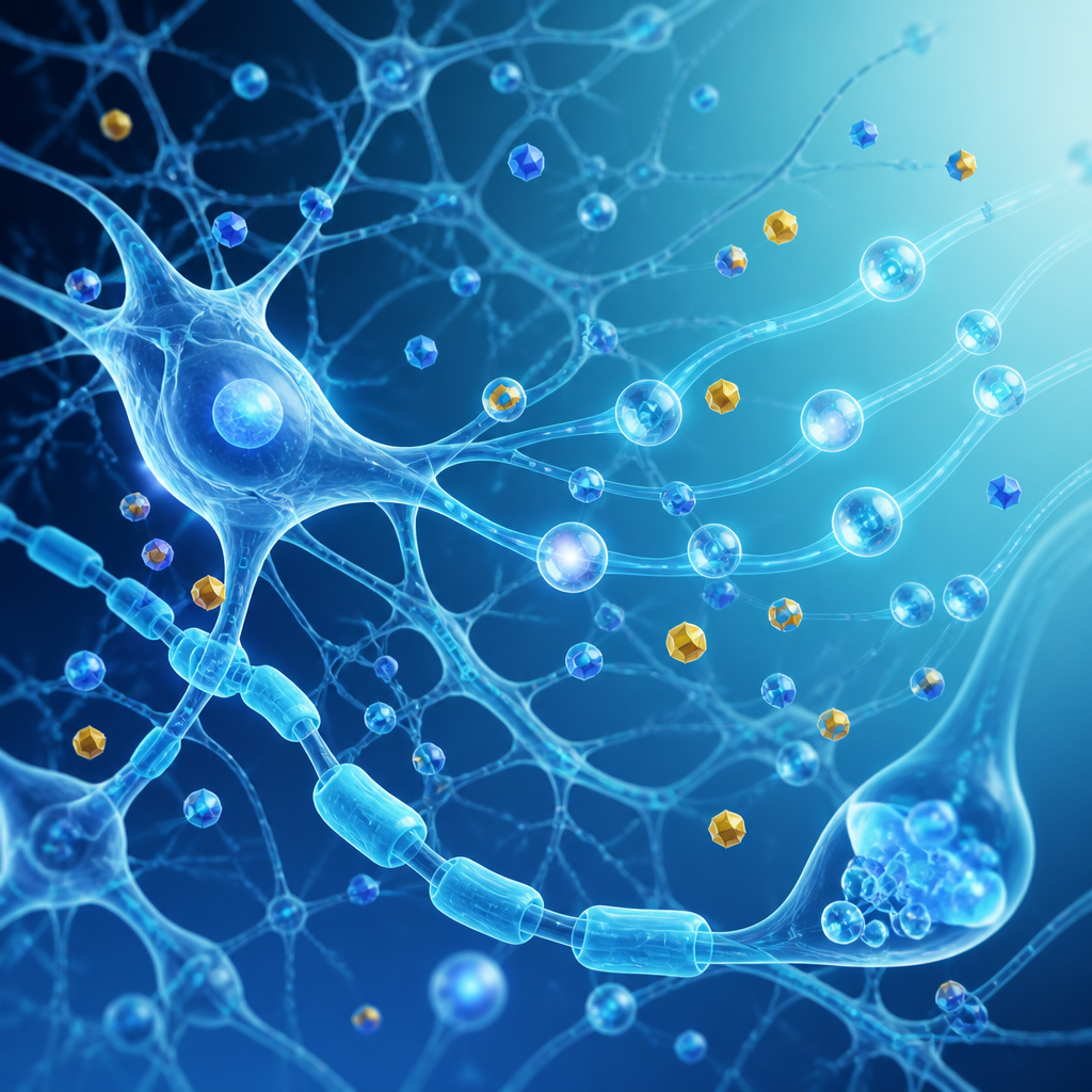 Abstract neural network visualization showing electrolytes and water molecules supporting brain connectivity