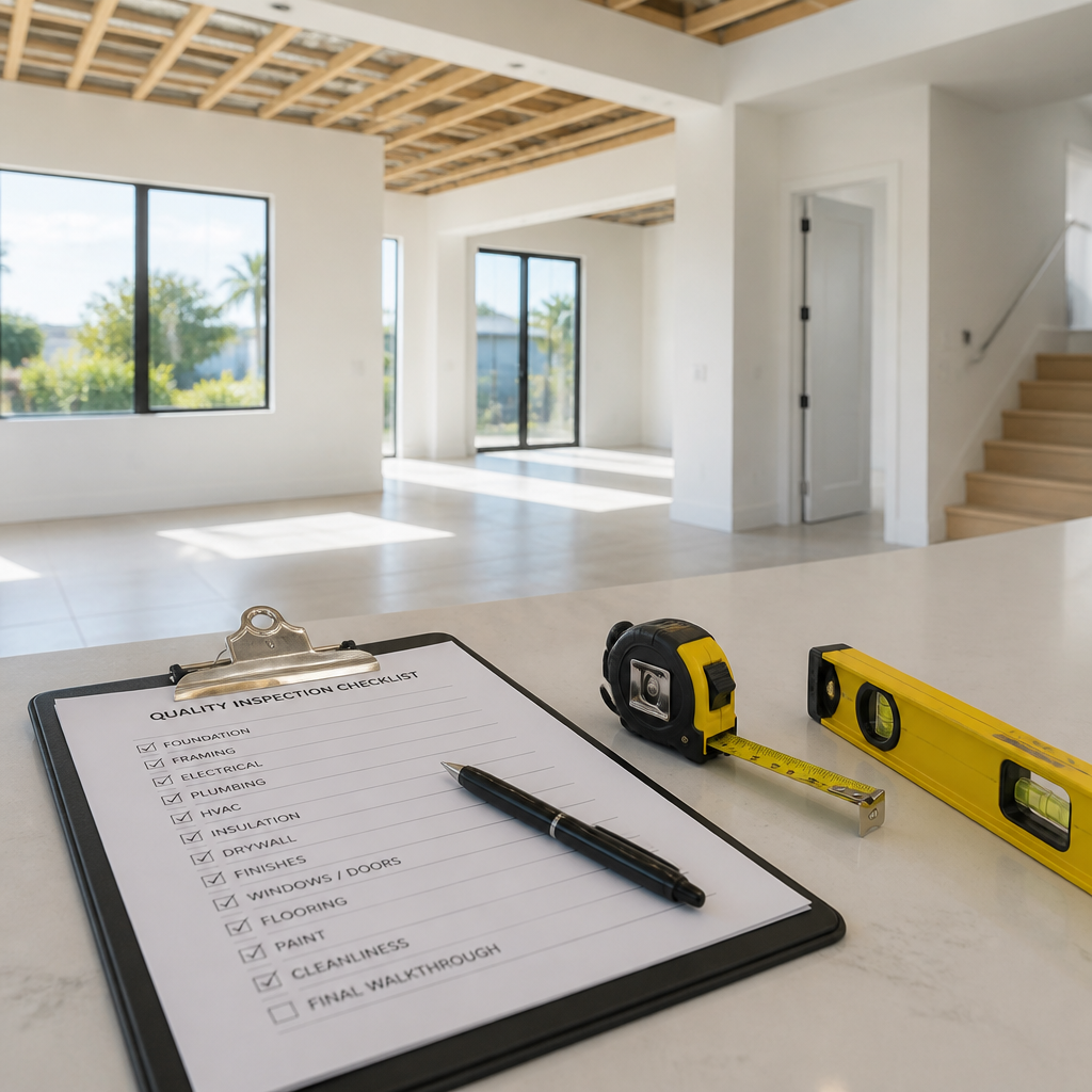 New home interior with inspection checklist during pre-handover assessment