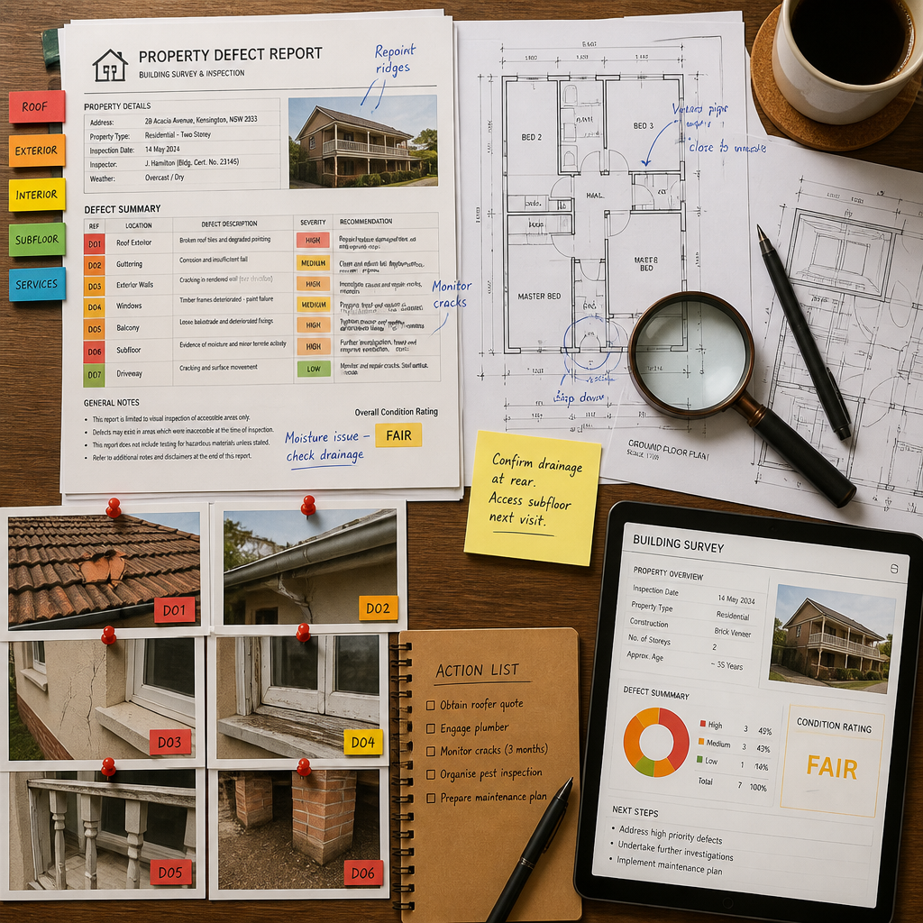 Property inspection report with documentation and photographic evidence