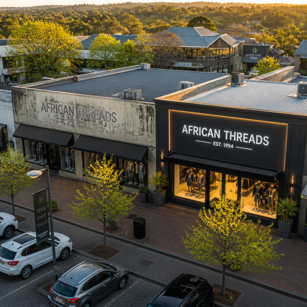 Aerial view of upgraded retail signage in South African shopping district with new LED sign beside faded storefront