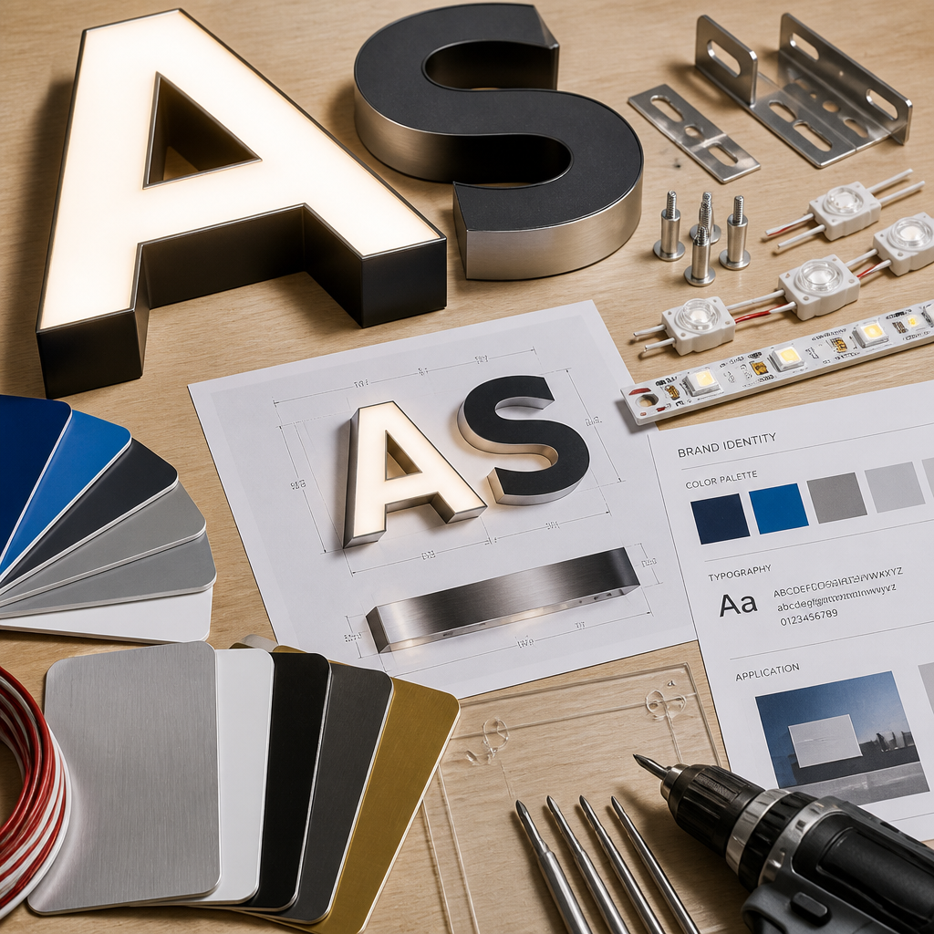 Professional signage fabrication materials and custom lettering components on workbench