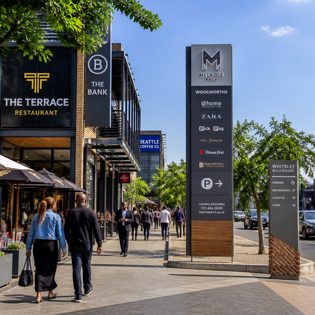 Modern Gauteng business district street view with updated commercial signage and foot traffic