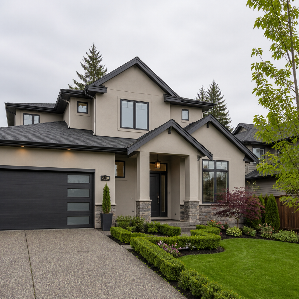 Contemporary home exterior with fresh neutral-tone paint under overcast Lower Mainland sky
