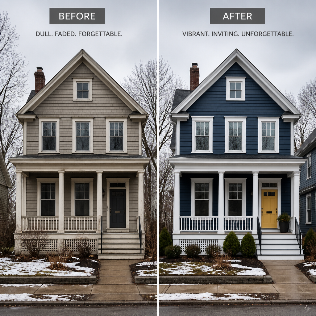 Before-and-after comparison of exterior paint transformation on a Lower Mainland home
