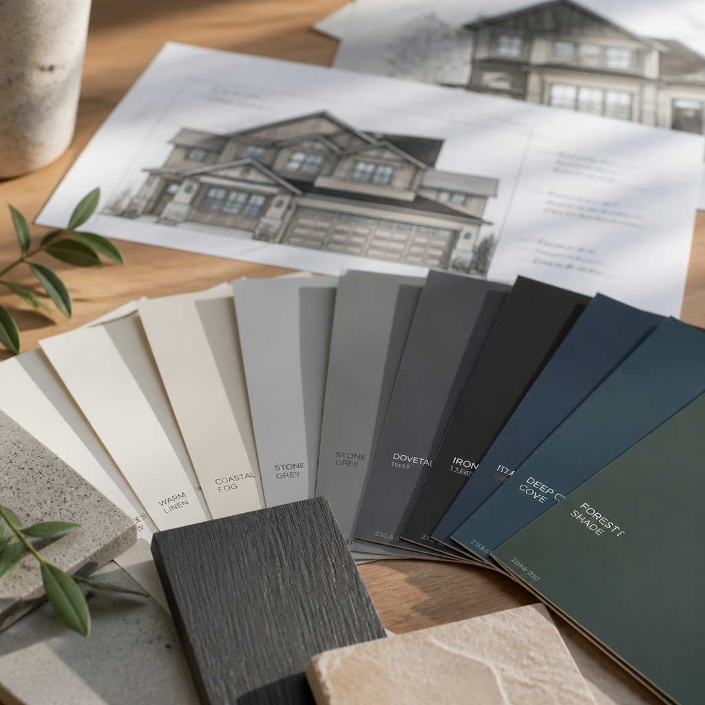 Collection of exterior paint colour samples and swatches for home selection