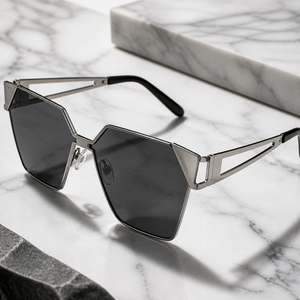 Oversized angular metal sunglasses on marble surface with architectural details