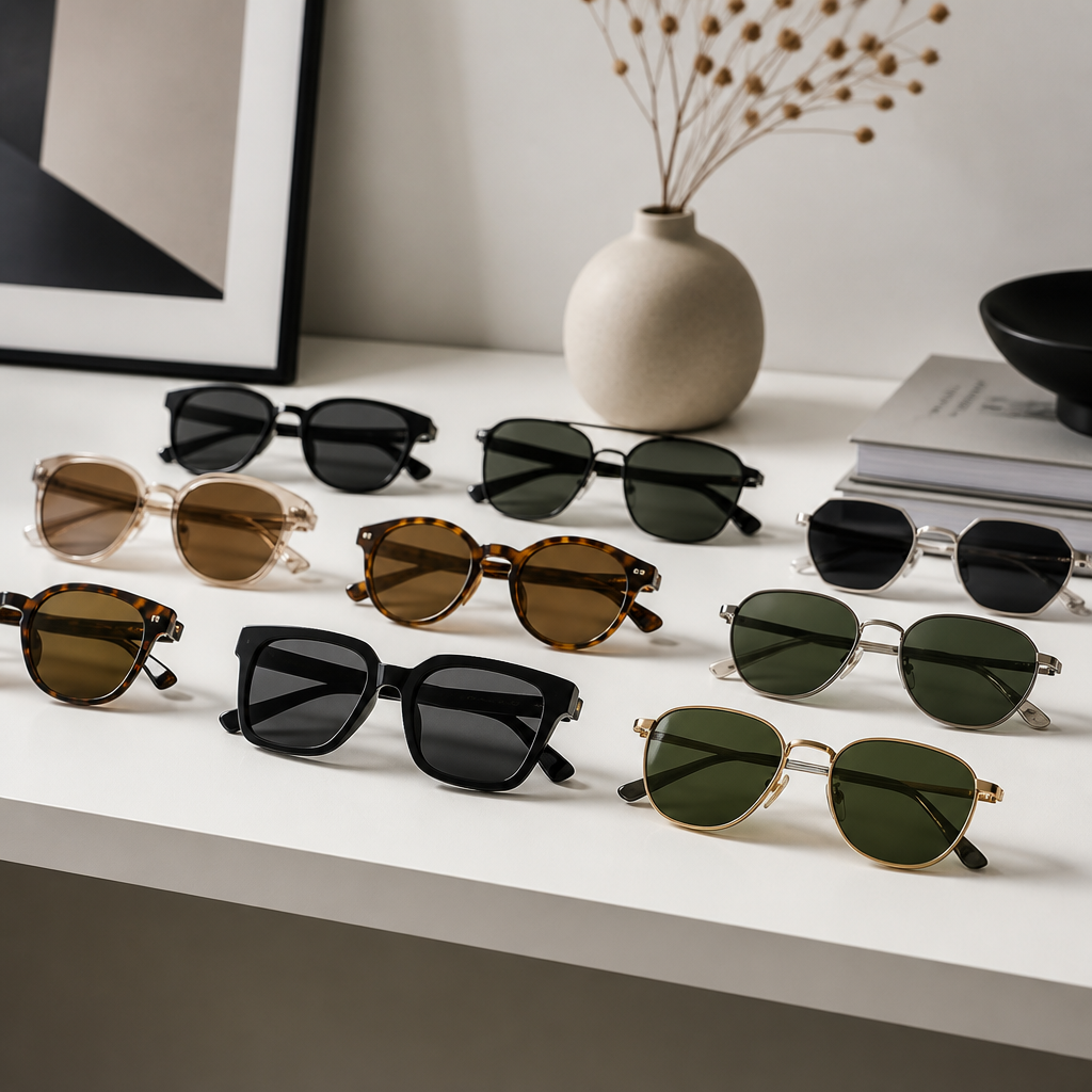 Curated collection of diverse sunglasses styles on minimalist white display shelf