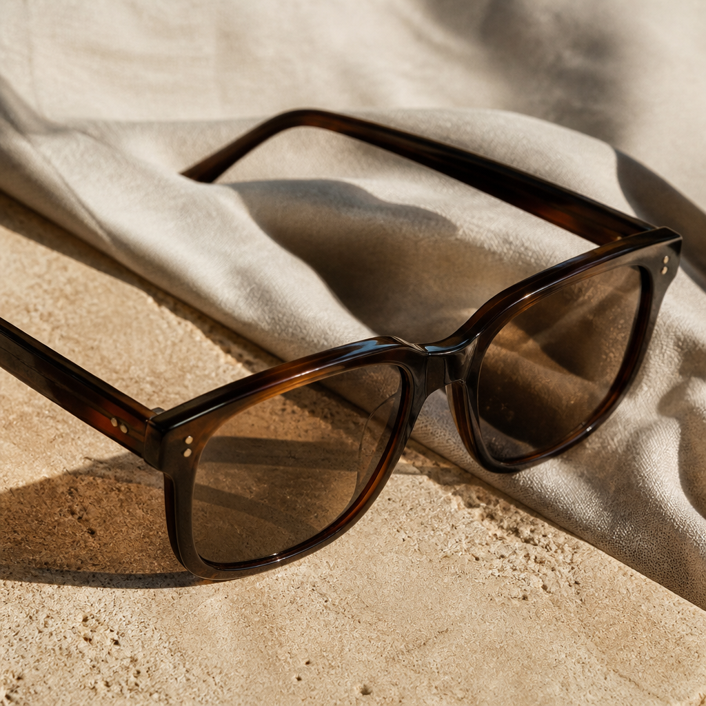 Premium metal sunglasses with 1970s-inspired design against textured neutral background