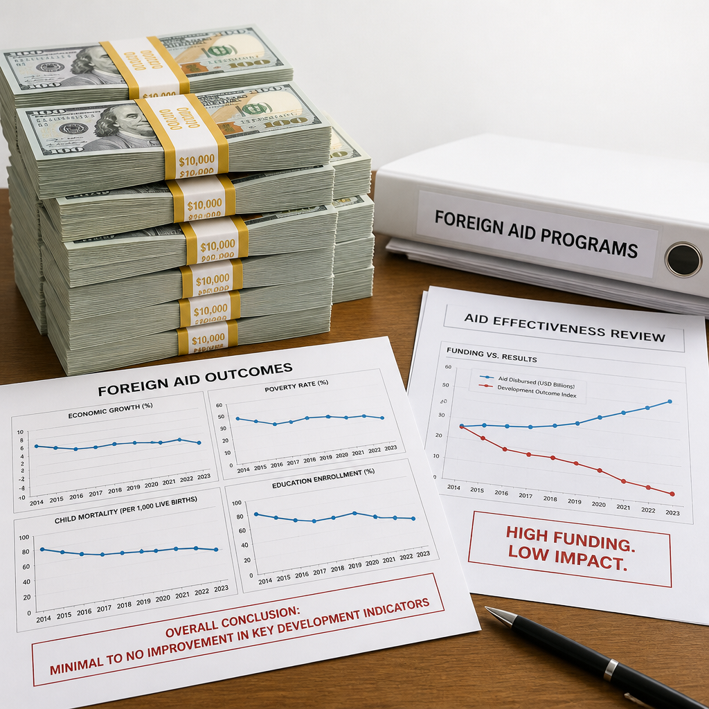 Stacked money and flat-trending financial charts representing ineffective aid spending