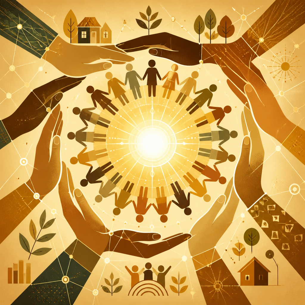 Interconnected community hands forming a circle around light, symbolizing community-led development