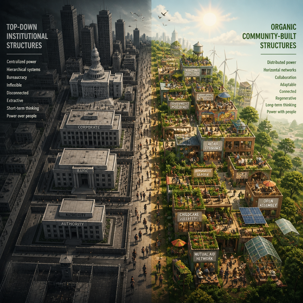 Split image contrasting top-down institutional aid with organic community-built development