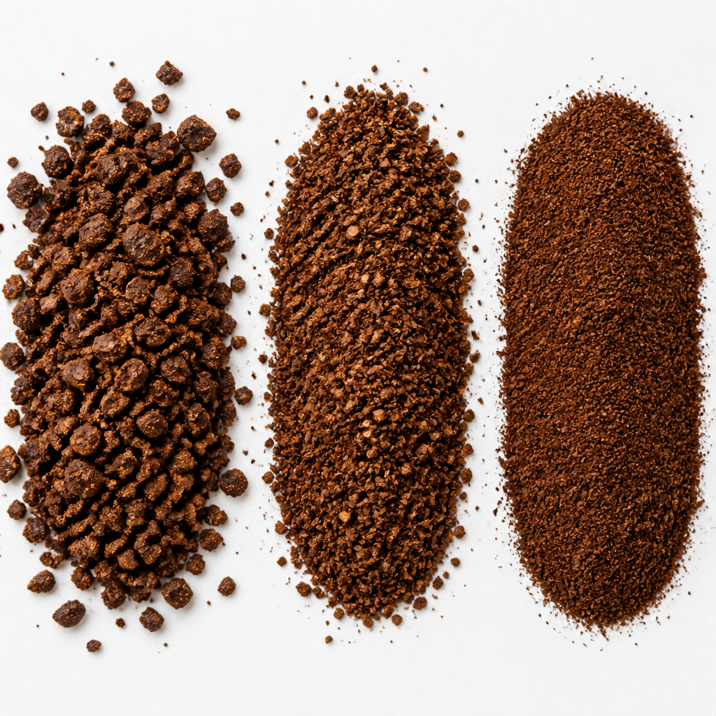 Three coffee grind samples showing coarse, medium, and fine particle sizes arranged in a row