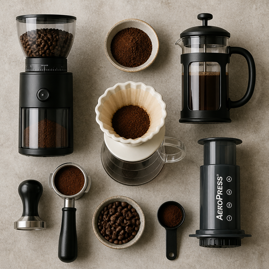Coffee brewing equipment including burr grinder, French press, pour-over, espresso machine, and other tools arranged overhead