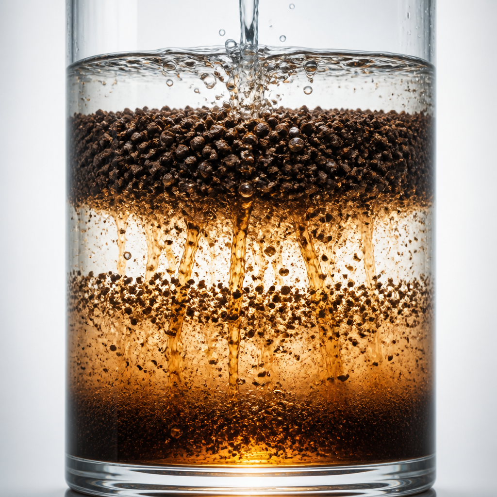 Water percolating through coffee grounds of varying sizes in a transparent container, illustrating the extraction process