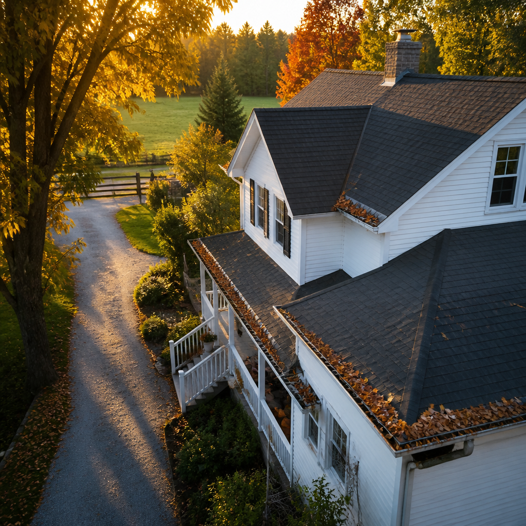 Rural Fenwick home surrounded by mature trees with visible gutter debris and spider webs