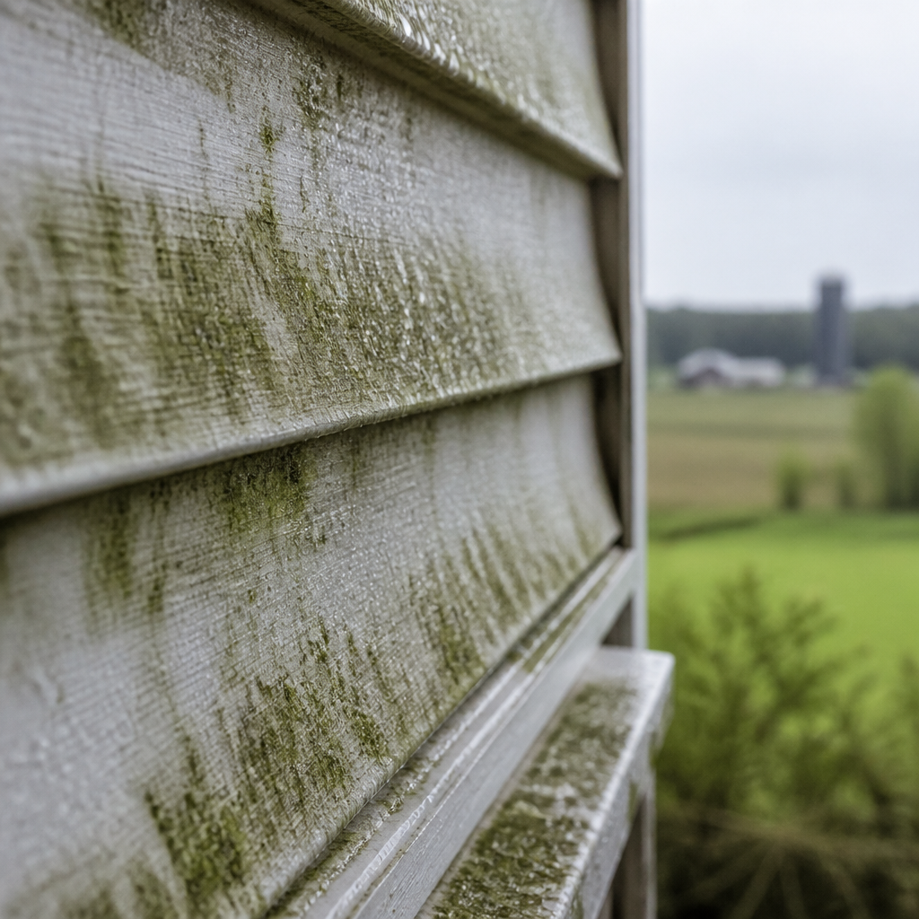 Close-up of siding with green algae and mould growth typical of rural Ontario homes