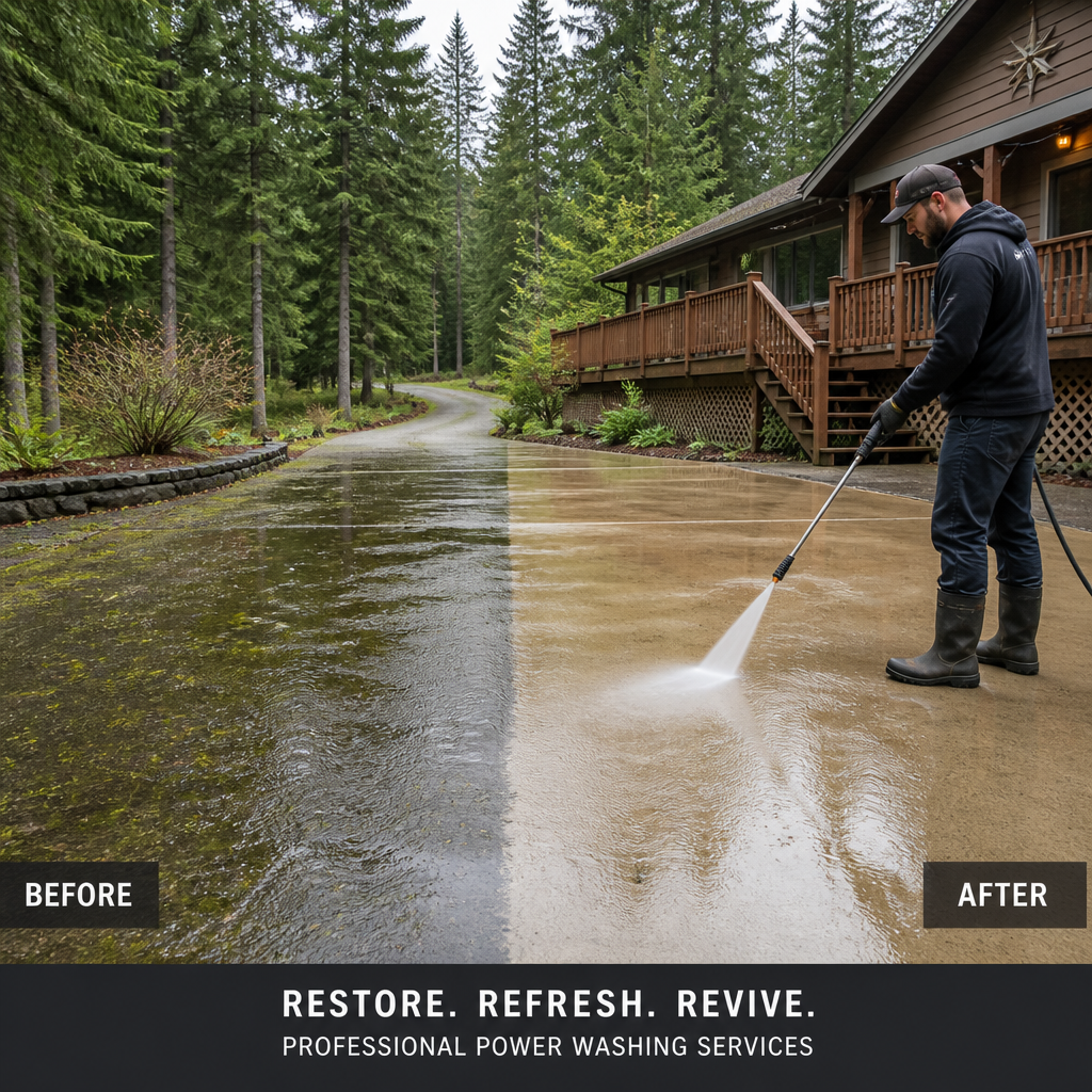 Power washing in progress on a rural driveway revealing clean pavement underneath