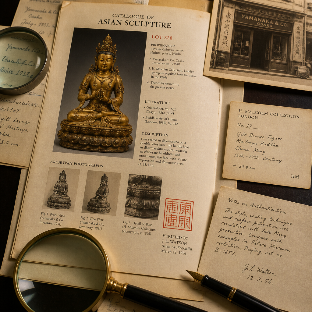 Provenance documentation and authentication materials for Asian art on a conservation desk