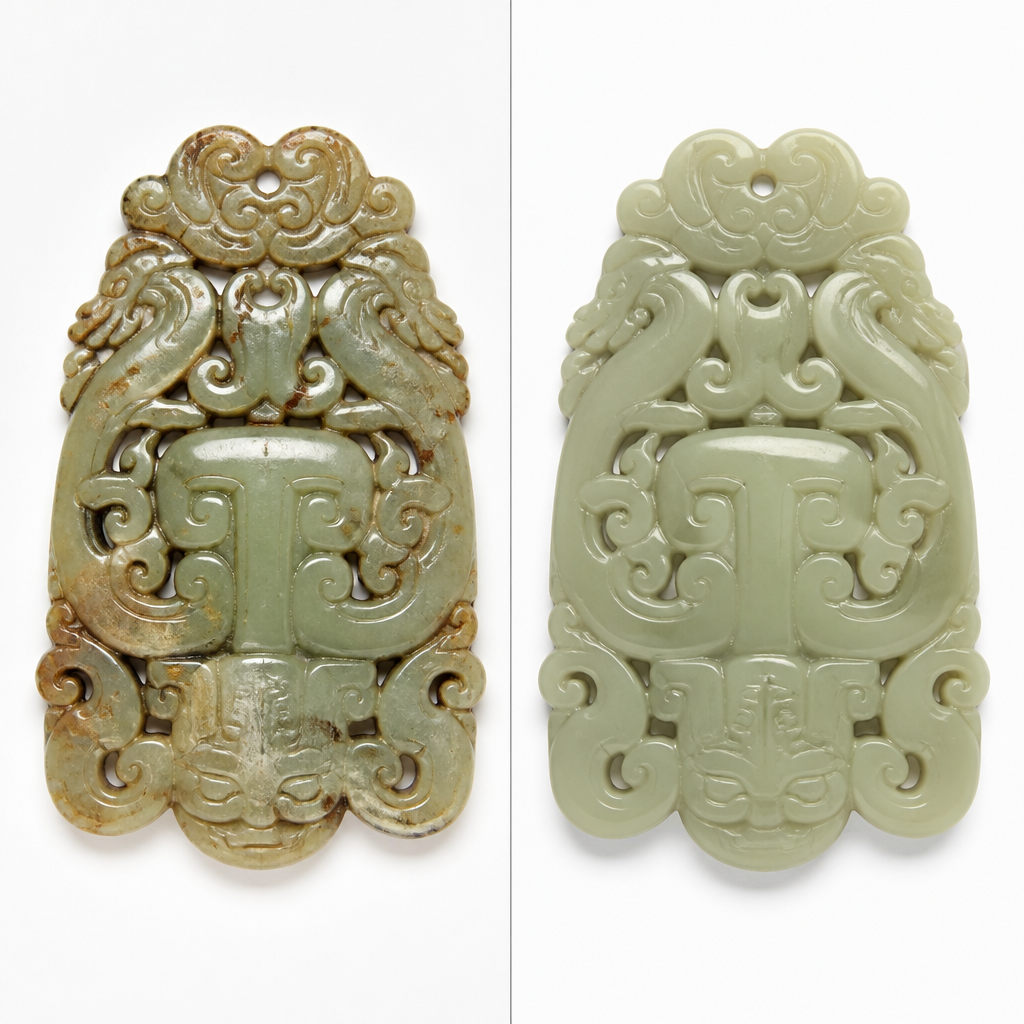 Side-by-side comparison of authentic antique jade carving versus modern reproduction
