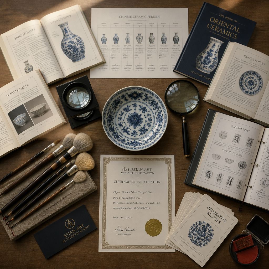 Collection of authentication tools and reference materials used by Asian art collectors