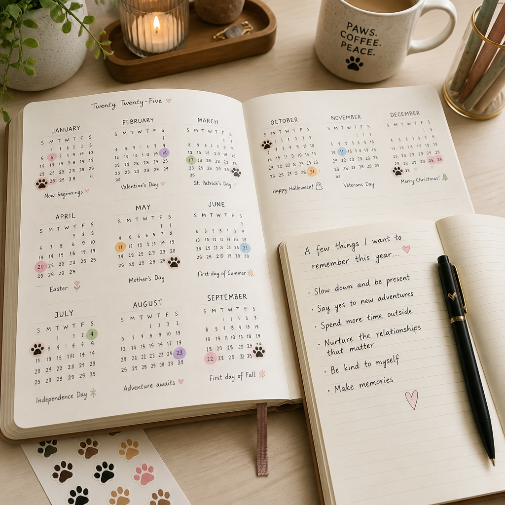 An open calendar with marked pet remembrance dates and a journal for reflecting on memories
