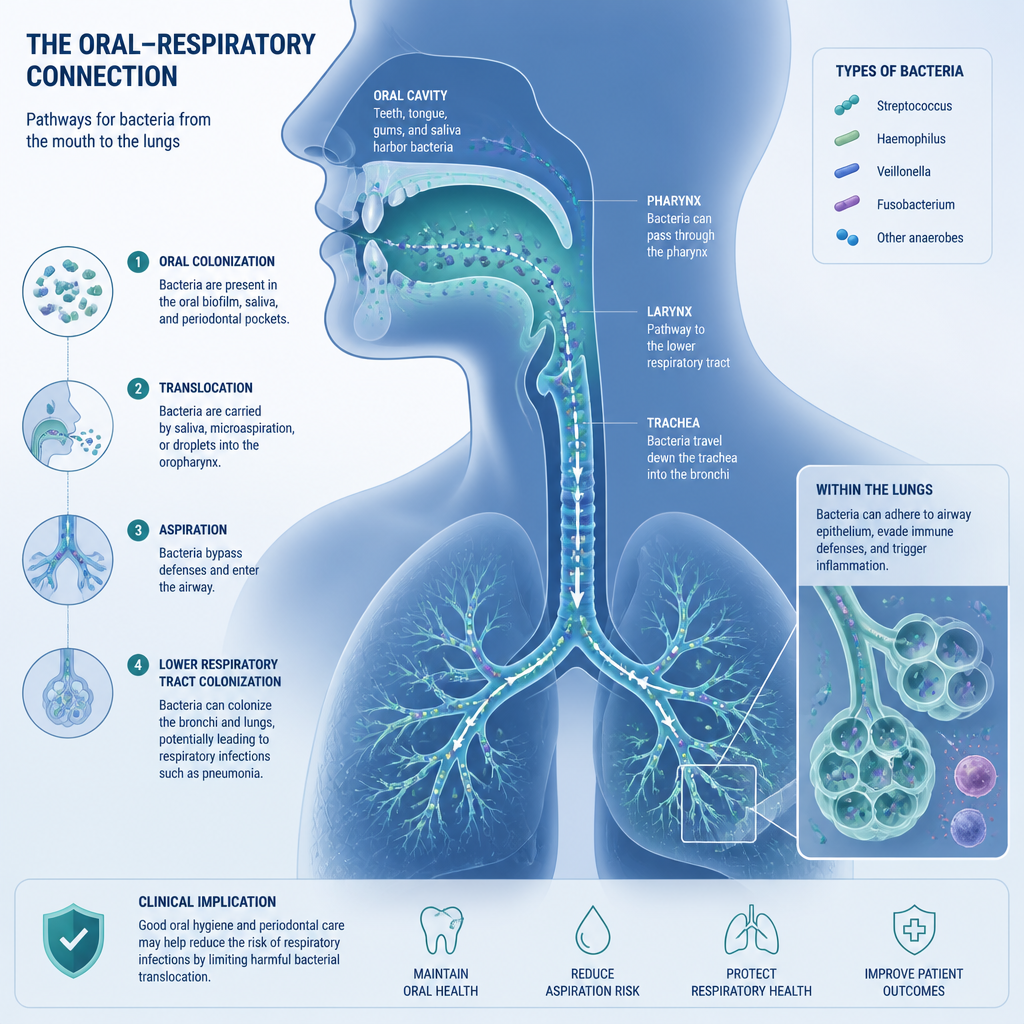 Abstract medical illustration of oral-respiratory tract connection pathways