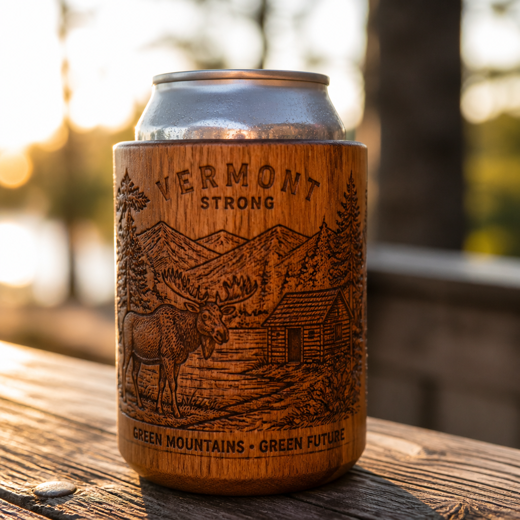 Hand-engraved wooden can insulator with detailed laser-etched design showcasing natural Vermont hardwood grain and texture in warm natural light.