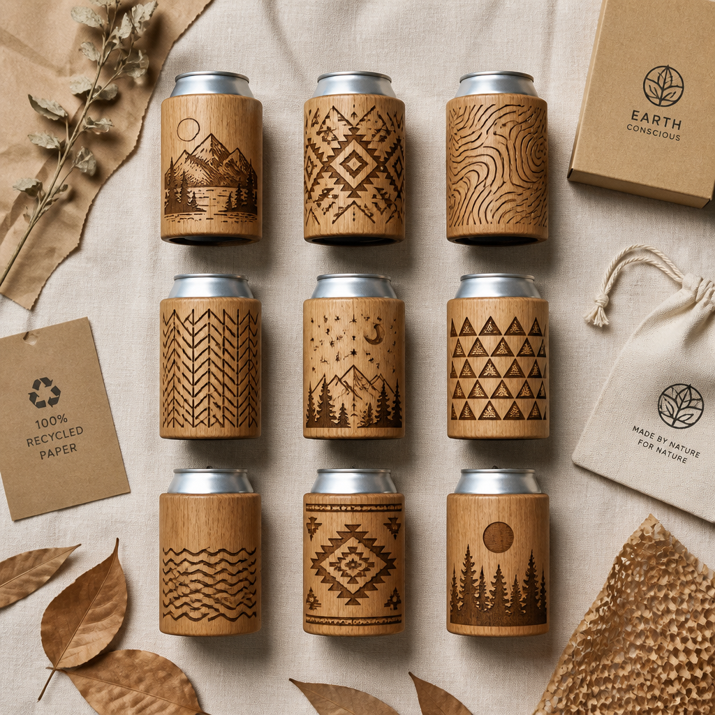 Overhead flat-lay of multiple personalized wooden can insulators with varied engraved designs arranged on sustainable, eco-friendly materials.