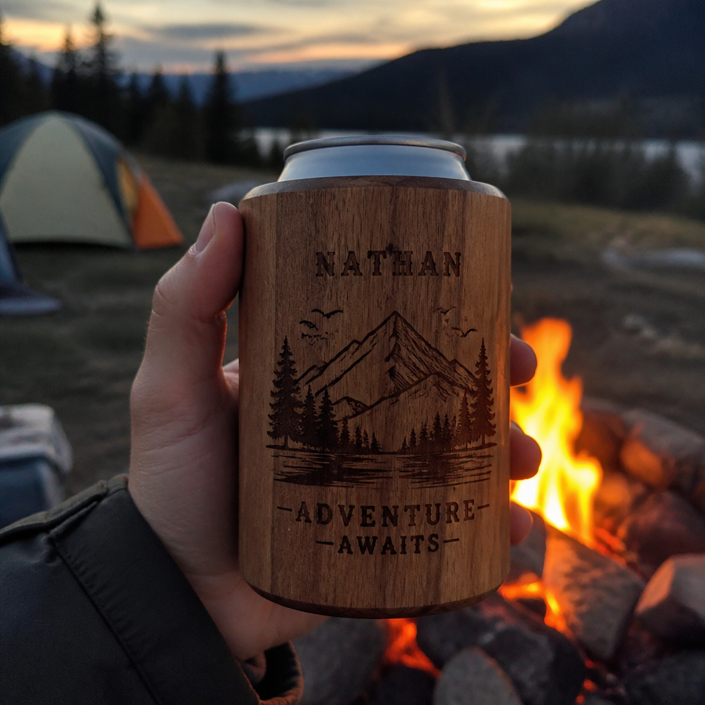 Outdoor camping scene with person holding an engraved wooden can insulator by a campfire, demonstrating real-world usage in nature.