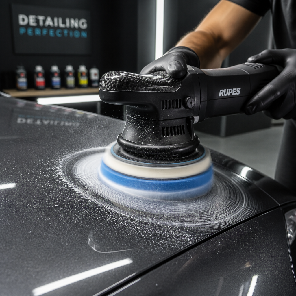 Professional rotary polishing machine demonstrating controlled motion on car paint with water spray and polishing compound