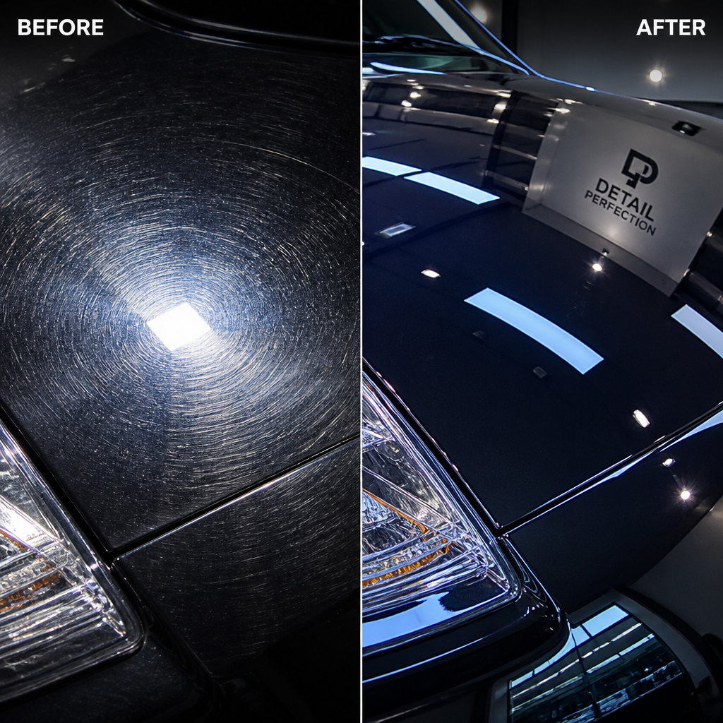 Before and after paint correction showing swirled imperfections versus perfectly polished reflective finish