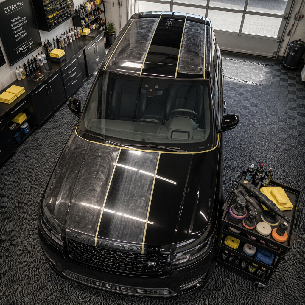 Professional detailing workspace showing luxury car with polishing equipment and supplies ready for multi-stage paint correction