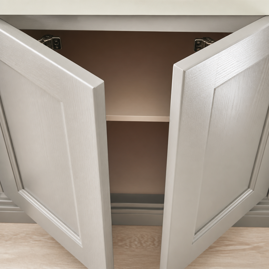 Close-up of professionally refinished cabinet doors with smooth, glossy finish and perfect paint lines