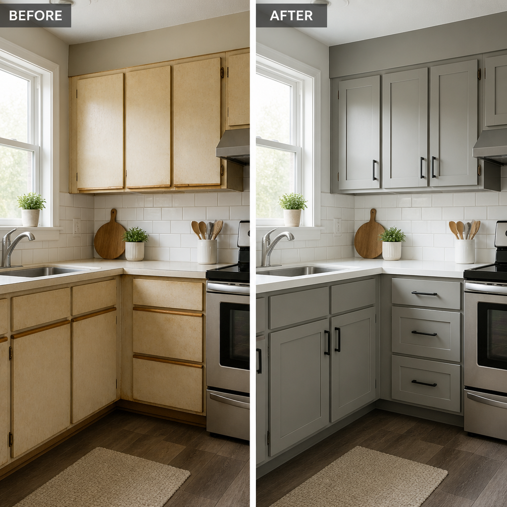Before-and-after kitchen transformation showing tired cabinets versus refinished cabinets with modern finish