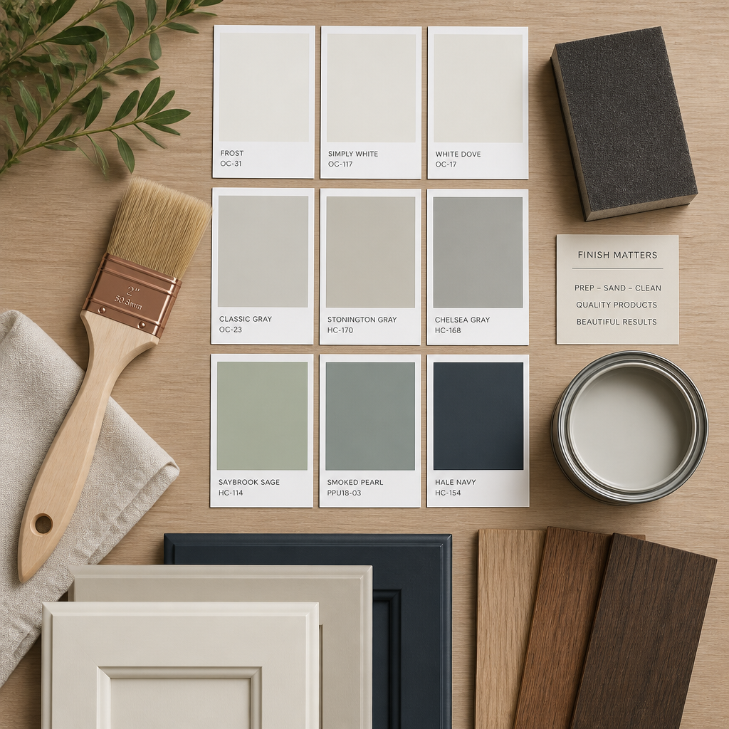 Cabinet colour palette samples and refinishing tools arranged in flat-lay style