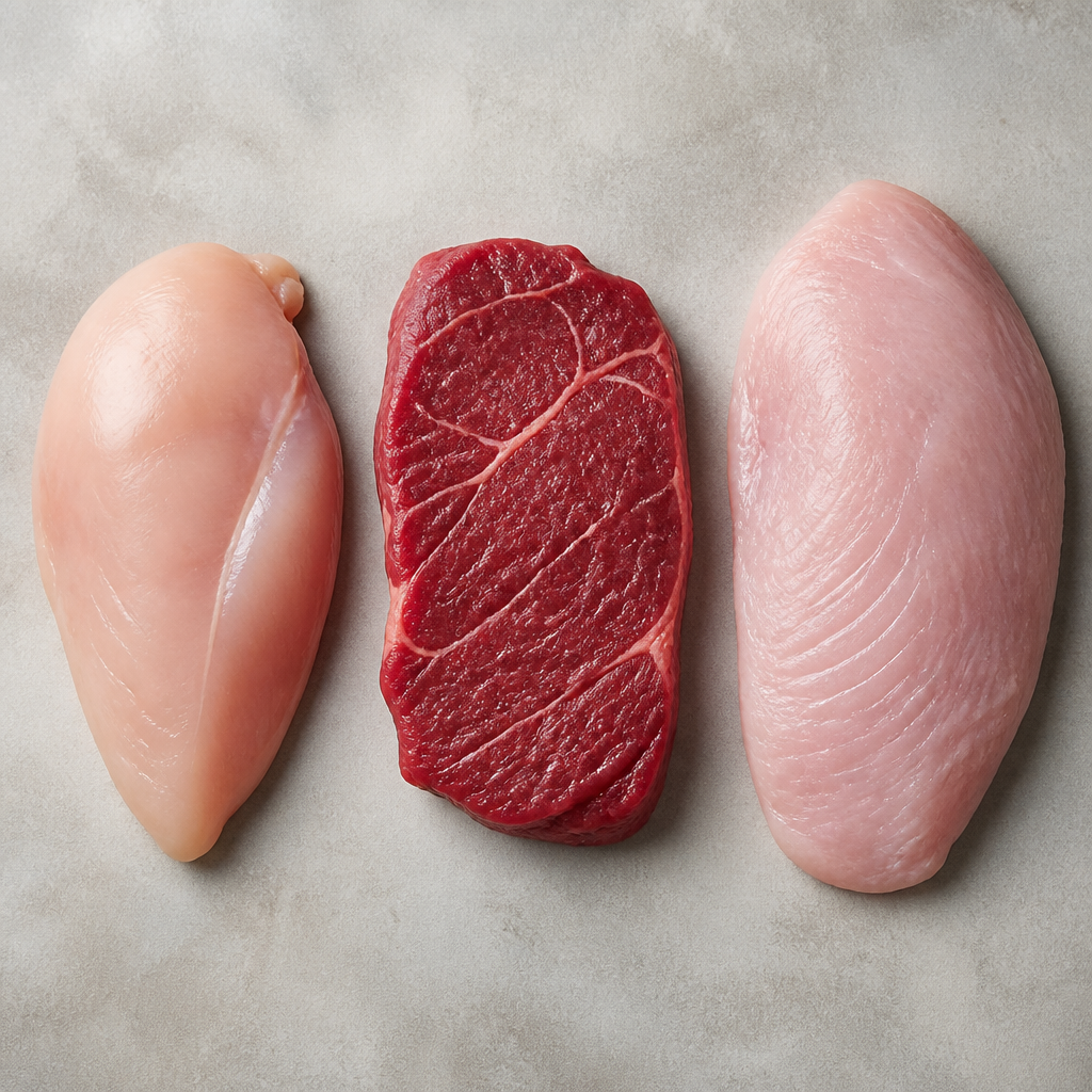 Three protein sources-chicken, beef, and turkey-arranged in a flat lay composition showing their distinct appearance and texture differences.