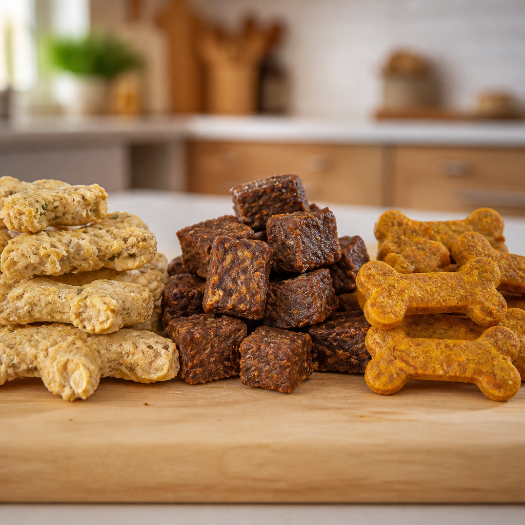 Three varieties of homemade dog treats arranged on wood, displaying the different colors and textures of chicken, beef, and turkey-based options.
