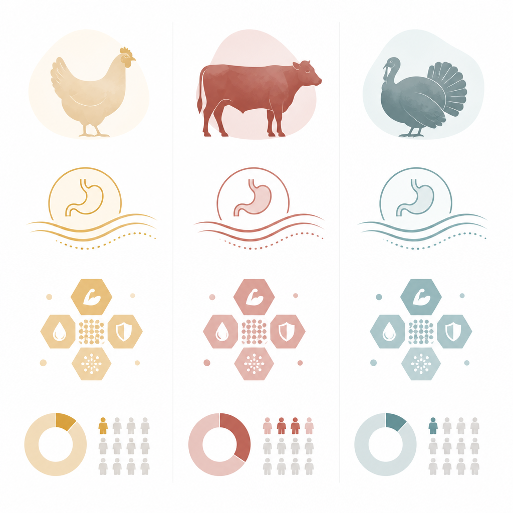Abstract visual comparison of three dog treat proteins with symbolic representations of their nutritional properties and digestibility characteristics.