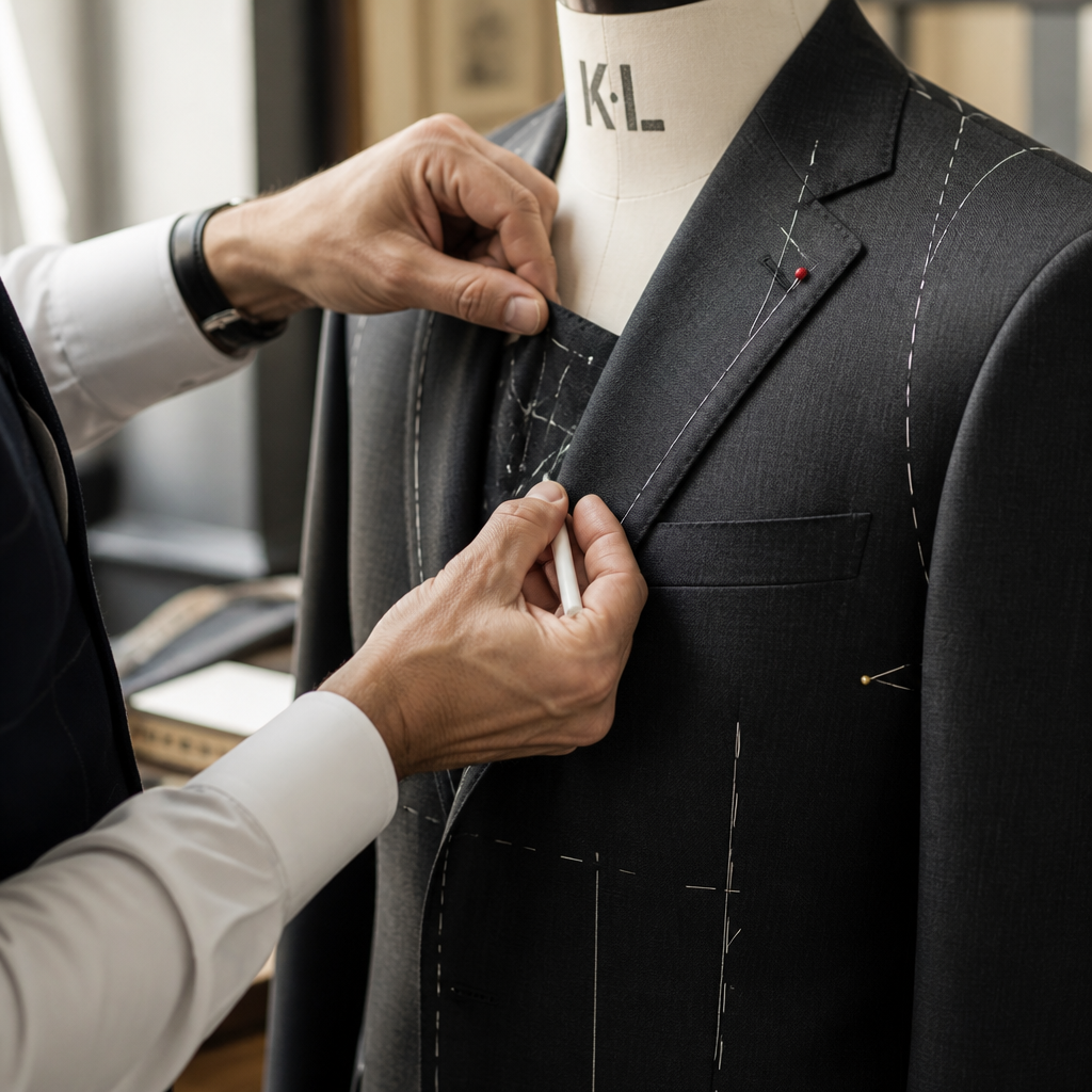 Tailor's hands marking suit jacket alterations with pins and measurements
