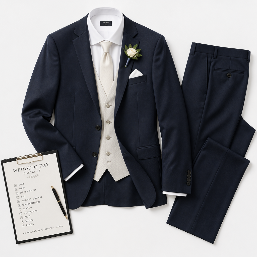 Formal wedding suit components arranged flat-lay with alteration checklist
